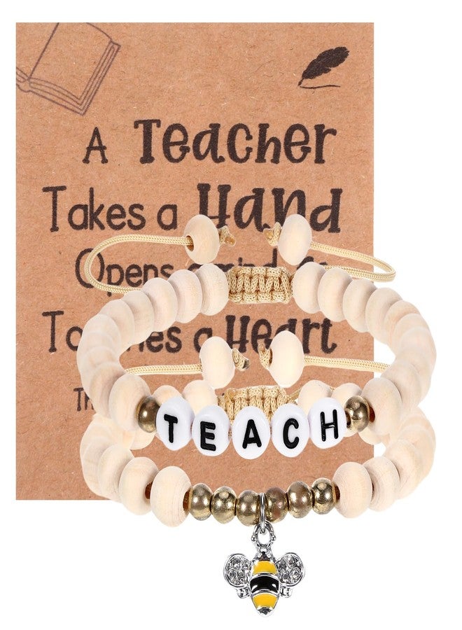 Jaarssho Teacher Appreciation Gifts Bracelet with Bee Charm, Cute Thank You Gifts for Women, Adjustable Wood Beaded Stretch Bracelet, End of Year Teacher Present from Student (Bee) - Image 1